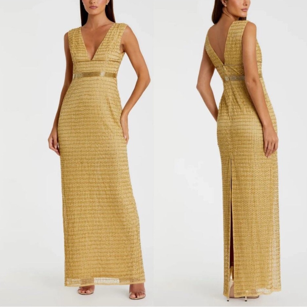 Mac Duggal Women's Beaded Cap Sleeve V Neck Column Gown In Gold Size 4 Nwt